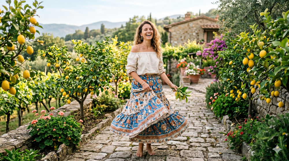 Akdeniz Esintisi Çiçekli Keten Maxi Etek