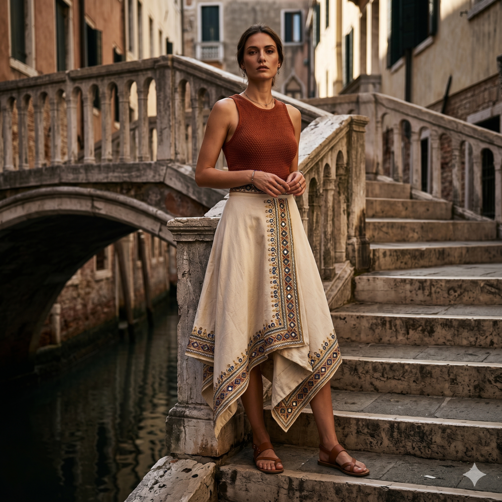 Etnik Nakışlı Asimetrik Etek