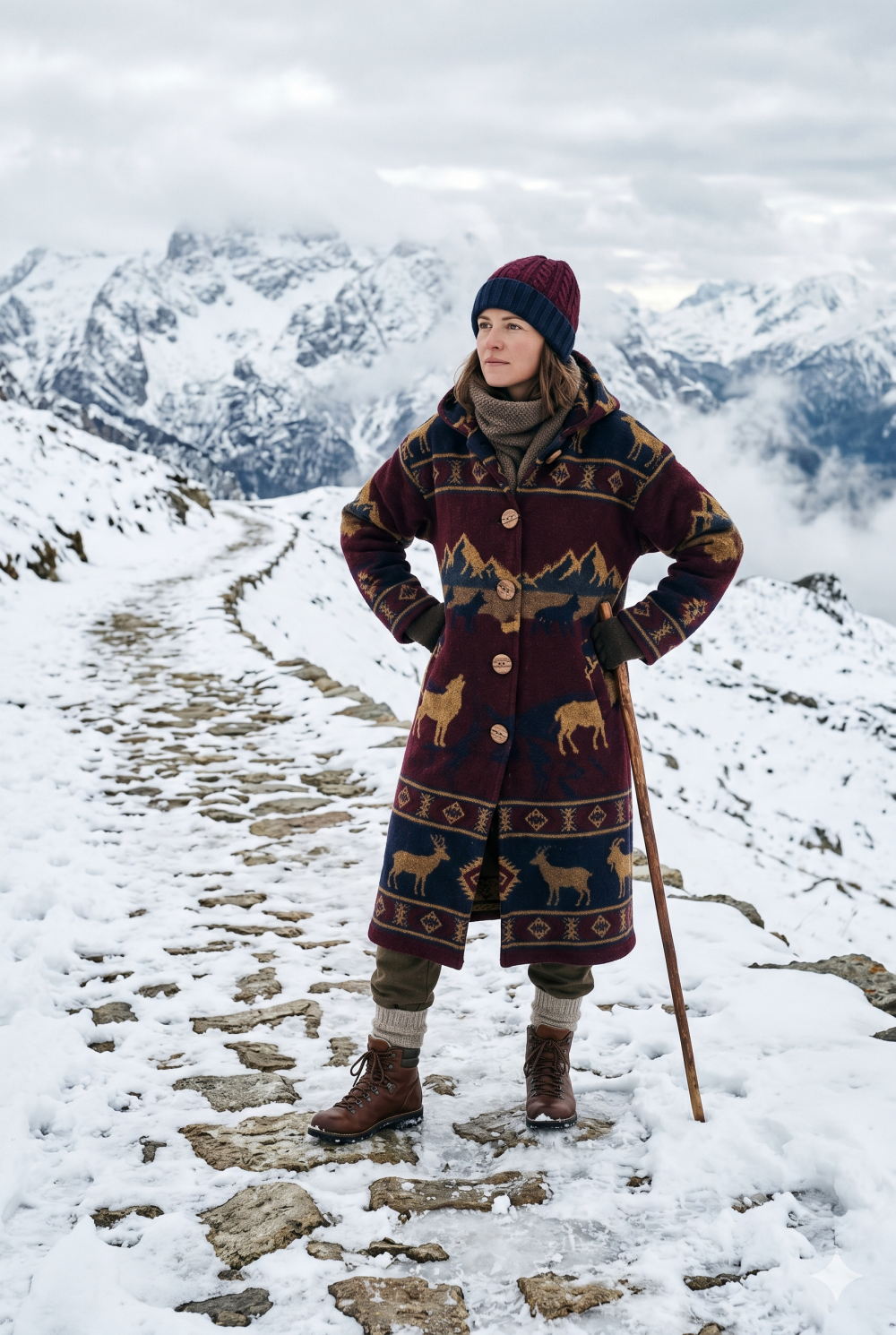 Etnik Desenli Yün Karışımlı Kaban